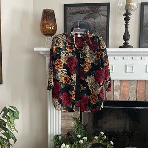 Floral Rose Print Blouse over attached black shell
